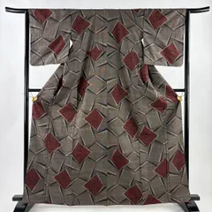 紬 身丈165cm 裄丈64cm M 袷 草花 色紙 焦茶色 正絹 優品 【中古】