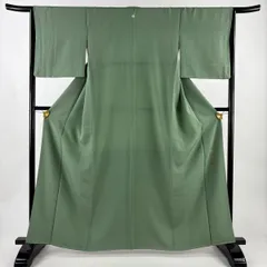 色無地 身丈163.5cm 裄丈64cm M 袷 落款 薄緑 正絹 優品 一つ紋 【中古】