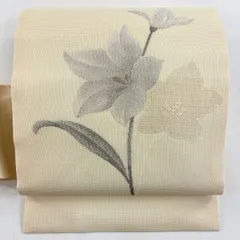 【美品】 名古屋帯 優品 夏帯 絽 草花 銀糸 刺繍 ベージュ 正絹 【中古】