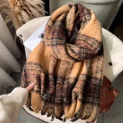 【新品】大判チェックマフラー／ストール（ブラウン系）　秋冬　防寒　男女兼用