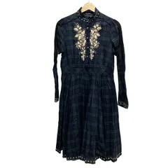 Lois CRAYON(ロイスクレヨン) ワンピース サイズM レディース - ダークグリーン×ネイビー 長袖/ひざ丈/チェック柄/刺繍/シャツワンピ