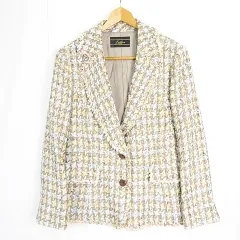 レリアン Leilian ツイード テーラード ジャケット ミディアム丈 レーヨン コットン 毛 シルク 13+ ベージュ ライトブルー 総柄 大きいサイズ kz13486