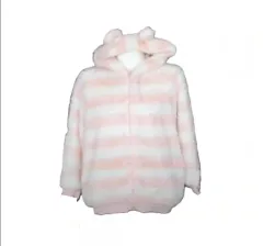 くまミミ ピンク ストライプ フリース ボア ニット フードジップアップ