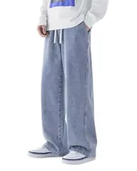 [Stilia] ワイドパンツ メンズ ジーンズ 春秋 ゆったり 通気性 速乾 軽量 デニム風 ストリート カジュアル イージーパンツ 街着 休日 リラックス (JP, アルファベット, 5XL, ライトブルー) [ライトブルー] [5XL]