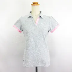 プーマ PUMA Tシャツ カットソー 半袖 スキッパーカラー ロゴ M グレー×ピンク スポーツウェア ※EKM
