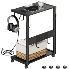 新品 EKNITEY サイドテーブル cpuスタンドキャスター付き コンセント付き高さ調整pcワゴン 多機能パソコンラック 幅49cm×奥行30cm×高さ59-72cm 木製 ブラック