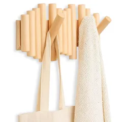 SALUDABLE 壁掛けフック ウォールハンガー 木製 コート掛け 帽子 インテリア収納 おしゃれ (ナチュラル 5フック) [ナチュラル 5フック]