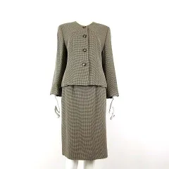レポルテ LEPORTE 東京スタイル スカートスーツ 上下セットアップ チェック ウール ジャケット ノーカラー フラワーモチーフ 装飾ボタン 長袖 スカート タイト ミディ丈 M 9 茶 ブラウン ベージュ ゴールド