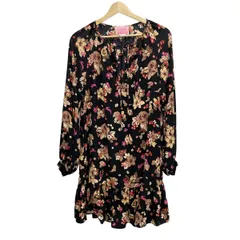 Kate spade(ケイトスペード) ワンピース サイズS レディース美品  - 黒×ベージュ×マルチ Vネック/長袖/ひざ丈/花柄/フリル