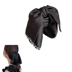 ヘアクリップ リボン 大きめ バンスクリップ 髪留め おしゃれ しっかりとまる 大人 ヘアアクセサリー 可愛い 韓国 髪飾り 結婚式 入学式 卒業式 デート オフィス レディース パール サテン 大きいリボン (ブラック) [ブラック]
