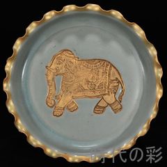 中国古美術【宋時代 鈞窯 筆洗】鍍金 童子紋 青釉 旧蔵 古陶磁器
