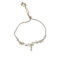 ブレスレット レディース ジルコニア ジュエリー 極細 華奢 プレゼント ピンクゴールド 金 銀 シンプル おしゃれ 可愛い チェーン パール かわいい ローズクォーツ リボン 普段使い (ゴールド) [ゴールド]