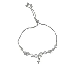 ブレスレット レディース ジルコニア ジュエリー 極細 華奢 プレゼント ピンクゴールド 金 銀 シンプル おしゃれ 可愛い チェーン パール かわいい ローズクォーツ リボン 普段使い (シルバー) [シルバー]