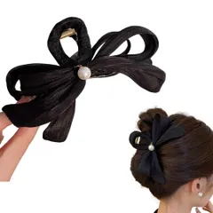 バレッタ リボン ヘアクリップ おしゃれ パール レディース 髪留め ヘアアクセサリー 可愛い 結婚式 パーティー 入学式 卒業式 (ブラック) [ブラック]