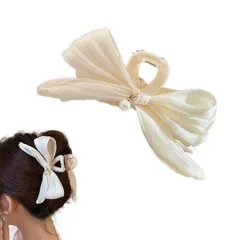 バレッタ リボン ヘアクリップ おしゃれ パール レディース 髪留め ヘアアクセサリー 可愛い 結婚式 パーティー 入学式 卒業式 (ホワイト) [ホワイト]