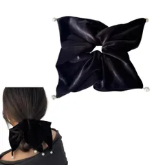 ヘアアクセサリー ベロア シュシュ 大きめ リボン パール ヘアアクセ 髪留め 髪飾り かわいい おしゃれ ヘアゴム ベルベット 可愛い 髪ゴム ニット 結婚式 お呼ばれ ビッグシュシュ スクエアシュシュ (ブラック, ベロア) [ブラック] [ベロア]