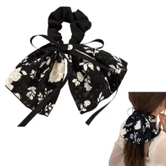 シュシュ 花柄 ヘアアクセサリー リボン 大きめ ヘアゴム ポニーテール 髪留め おしゃれ 髪ゴム 可愛い レディース (ブラック) [ブラック]