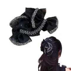 ヘアクリップ フリル リボン 大きめ 可愛い バンスクリップ リボンクリップ 結婚式 お呼ばれ ヘアアクセサリー 髪留め おしゃれ 大人 髪飾り ヘアアクセ 大人可愛い 華やか 卒業式 黒 紫 (ブラック) [ブラック]