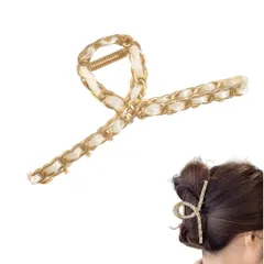 ヘアクリップ 大きめ バンスクリップ おしゃれ 髪留め しっかりとまる 結婚式 ヘアアクセサリー リボン バレッタ メタル かわいい 可愛い 韓国 チェーン まとめ髪 ヘアアクセ 髪飾り ヘアアレンジ (ホワイト) [ホワイト]