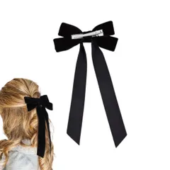 ヘアアクセサリー ベロア リボン ヘアアクセ バレッタ 髪飾り ヘアクリップ ロングリボン ヘアピン クリップ かわいい おしゃれ ヘアゴム ビッグリボン 大きめ ベルベット シュシュ 可愛い (ブラック, バレッタ大) [ブラック] [バレッタ大]