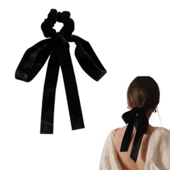 ヘアアクセサリー ベロア リボン ヘアアクセ バレッタ 髪飾り ヘアクリップ ロングリボン ヘアピン クリップ かわいい おしゃれ ヘアゴム ビッグリボン 大きめ ベルベット シュシュ 可愛い (ブラック, シュシュ大) [ブラック] [シュシュ大]
