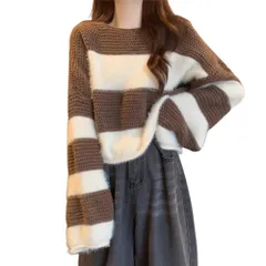 [AQUA Marine] レディース ボーダーニット セーター ふわもこ 長袖 ゆったり 可愛い あったか トップス 韓国風 春 冬 秋冬 コーデ ニット ボーダー オルチョン (JP, アルファベット, Fr [ブラウン/ホワイト] [Free Size]