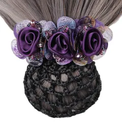 シニヨンネット お団子ネット フラワー リボン バレッタ ネット付き ネット 髪飾り ヘアアクセサリー まとめ髪 ヘアネット 髪色隠し お団子 ヘアクリップ おしゃれ シンプル 大きめ 卒業式 デート 冠婚葬祭 可愛い (パープル, 細 [パープル] [細網]