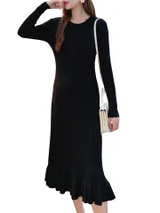 [ブブ オーハナ] リブ ニット 長袖 ロング 丈 ワンピース マーメイド タイト スリム フィット クルー ネック 無地 レディース 女性 用 春 秋 冬 服 チュニック リブ 編み ストレッチ 伸縮 性 薄手 リブニット  [ブラック] [XL] [標準]