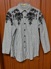 日本 ヴィンテージ コットン ストライプ 刺繍 シャツ 森ガール (服 3点以上 택비 無料)