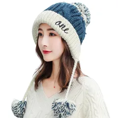 [ソユル] 耳あて付き ニット 帽 パイロット キャップ 裏起毛 ポンポン付き 防寒 防風 自転車 アウトドア カジュアル レディース (オフホワイトXネイビー) [オフホワイトXネイビー]