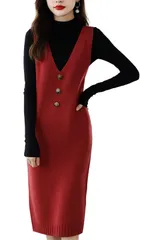 [ReiLuana] ワンピース ニット ノースリーブ ひざ下 タイト Vネック 無地 ジャンパー スカート 秋 冬 人気 カワイイ オシャレ レディース ニットワンピ 秋冬 重ね着 着回し ワンピ 大人可愛い 着痩せ ロン [レッド] [Free Size]