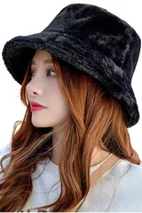 [ネコート] レディース 帽子 バケットハット バケハ 秋冬 防寒 防風 暖かい 折りたたみ ハット ふわふわ おしゃれ ファー ブラック [ブラック] [Free Size]