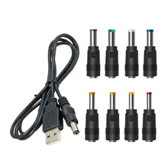 新品 USB 電源ケーブル 変換プラグ付き DC充電コード 5.5x2.1mm 1mコネクタアダプタ (1本+8変換プラグ) 黒