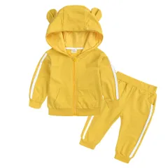 [Kai La Nalu] くま耳 フード付き キッズ ジャージ 上下セット キッズセットアップ 綿素材 上下 ジュニア ライン入り パーカー スウェット パンツ セットアップ 韓国 子ども服 かわいい 保育園 幼稚園 80 90 10 [イエロー] [90]
