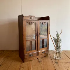 アンティーク 古家具 ガラス戸棚 小型収納棚 木製 食器棚 本棚 昭和レトロ 古道具 y433