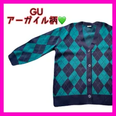 【ゆったりXL】GU アーガイル柄 ニットカーディガン 緑×紺 前開き