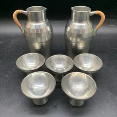 B456 錫半　すずはん　酒器セット　錫製　ちろり2個、盃5個　レトロ　おもてなし　中古　※歪みあり　錫製　徳利お猪口