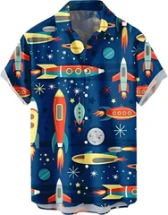 aspersio アスペルシオ 襟付き ロケット 半袖 プリント 宇宙 スペース 総柄 ショートスリーブ トップス メンズ ファッション 派手 レトロ 男性 大人 カラフル オシャレ カッコイイ ゆるカジ 夏物 涼しい (プルシャンブルー,  M)