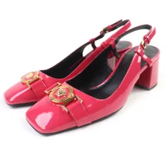 未使用品★VERSACE ヴェルサーチ メデューサ バックストラップ スクエアトゥ チャンキーヒール パテントレザー パンプス ピンク 36 保存袋付き スペイン製 レディースのサムネイル