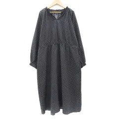 アフタヌーンティー Afternoon Tea ワンピース ロング丈 長袖 ドット柄 スリットネック M～L ブラック 黒 /YM21