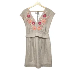 Chesty(チェスティ) ワンピース サイズ1 S レディース - グレーベージュ×ピンク×マルチ Vネック/ノースリーブ/ひざ丈/刺繍/フラワー(花)