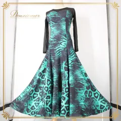 社交ダンス 衣装 スタンダード ドレス ワンピース パーティ衣装 オールシーズン グリーン系 青緑 黒 ブラック系 レース バイカラー 長袖 派手 ダンス衣装 フルスカート 袖あり おしゃれ 着やすい 伸縮性 120cm丈 フィット感 レディース