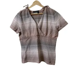 サルバトーレフェラガモ 半袖カットソー サイズL レディース - ピンクベージュ×ライトグレー×マルチ Vネック/ボーダー/カシュクール