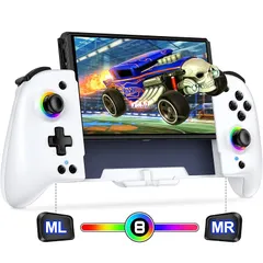 スイッチ コントローラー 8色RGBライト マクロ機能 携帯モード専用コントローラー Switch グリップ コントローラープログラム編集機能 ジャイロセンサー搭載 振動 連射機能 無線 1000mAh大容量 Switch/OLEDに対応 白 1