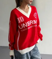 【レッド】レディース ニット Vネック ロゴ セーター 配色 オーバーサイズ 秋冬 トップス 配色ニット ゆったり カジュアル