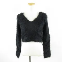 シーイン SHEIN Vネックシャギーニット セーター 長袖 黒 M *A103