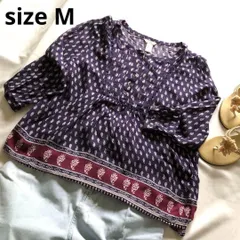 M【超美品 | FOREVER 21 / フォーエバー２１ 】ペイズリー柄トップス 7分袖 ネイビー 総柄チュニック 軽やか涼しげ 春夏 T817_2306E0335