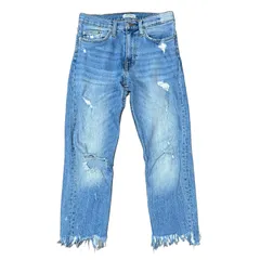 ZARA WOMAN クロップド ボーイフレンドデニム ルーズ テーパード ダメージ加工 ブルー サイズ34 レディースXS ザラウーマン