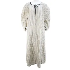 ナノユニバース nano universe LB.03 ストライプ柄 七分袖 ワンピース ロング丈 1 ベージュ ギャザーフォルムスリーブ リボン 透け感