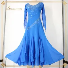 社交ダンス 衣装 スタンダード ドレス ワンピース パーティ衣装 オールシーズン DANCE FASHION EVE ダンスファッションイヴ 青 ブルー系 ビジュー 長袖 ロングドレス フィット感 パーティー用 エレガント おしゃれ ダンス用 衣装 レディース